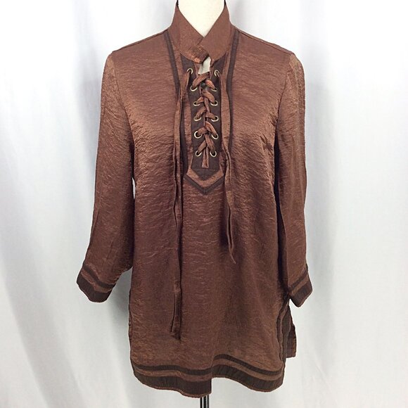 Ali Miles Tunic Top Womens Size XL Brown Metallic Lace Up Slit Hem - Picture 1 of 8